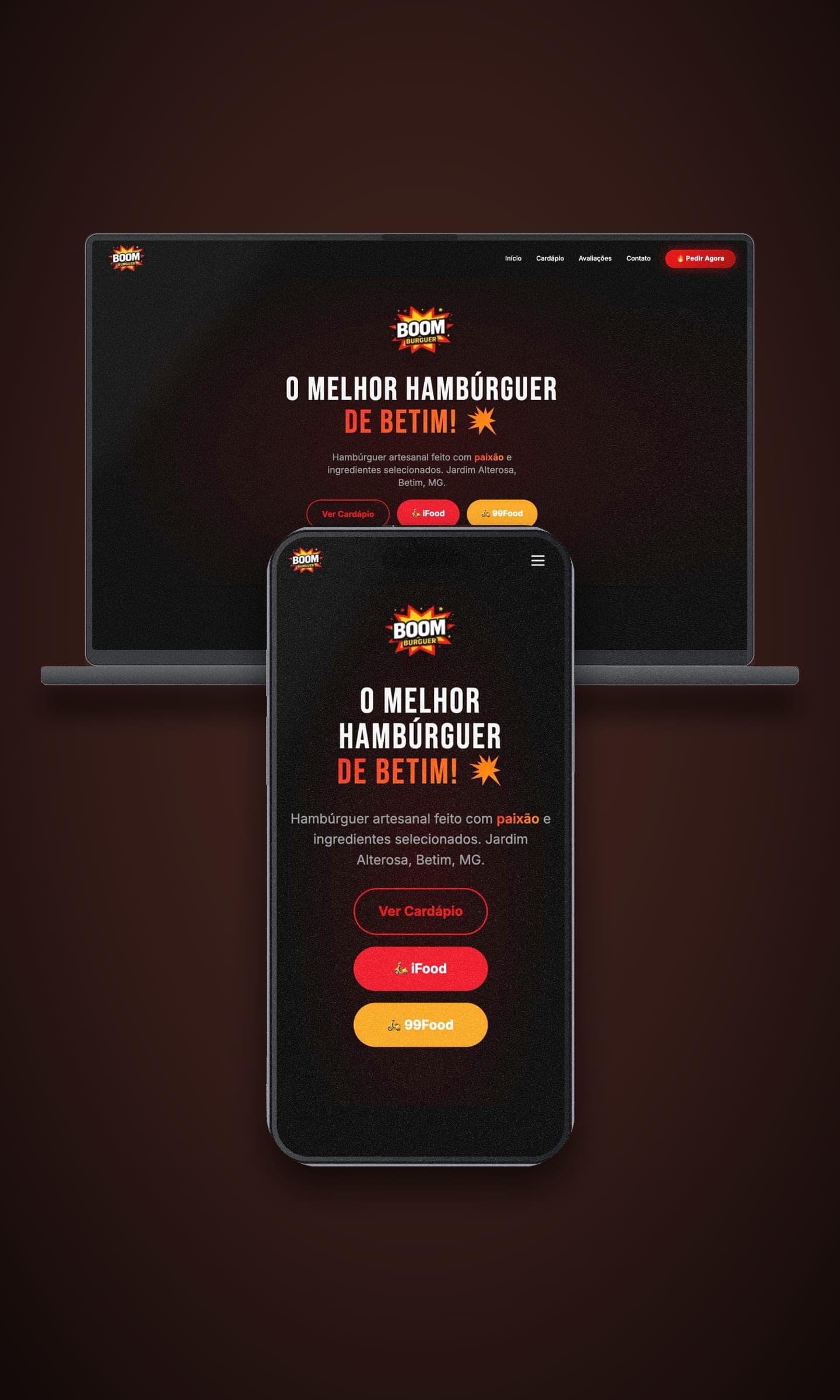 Boom Burguer website shown on a laptop and a phone