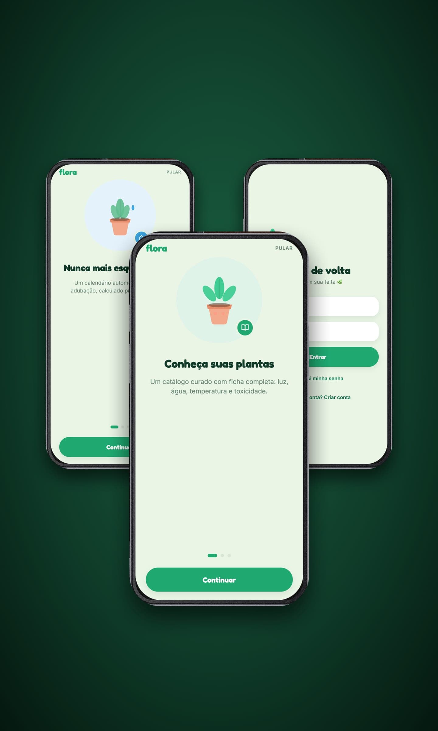 Flora app onboarding and sign-in screens on three phones