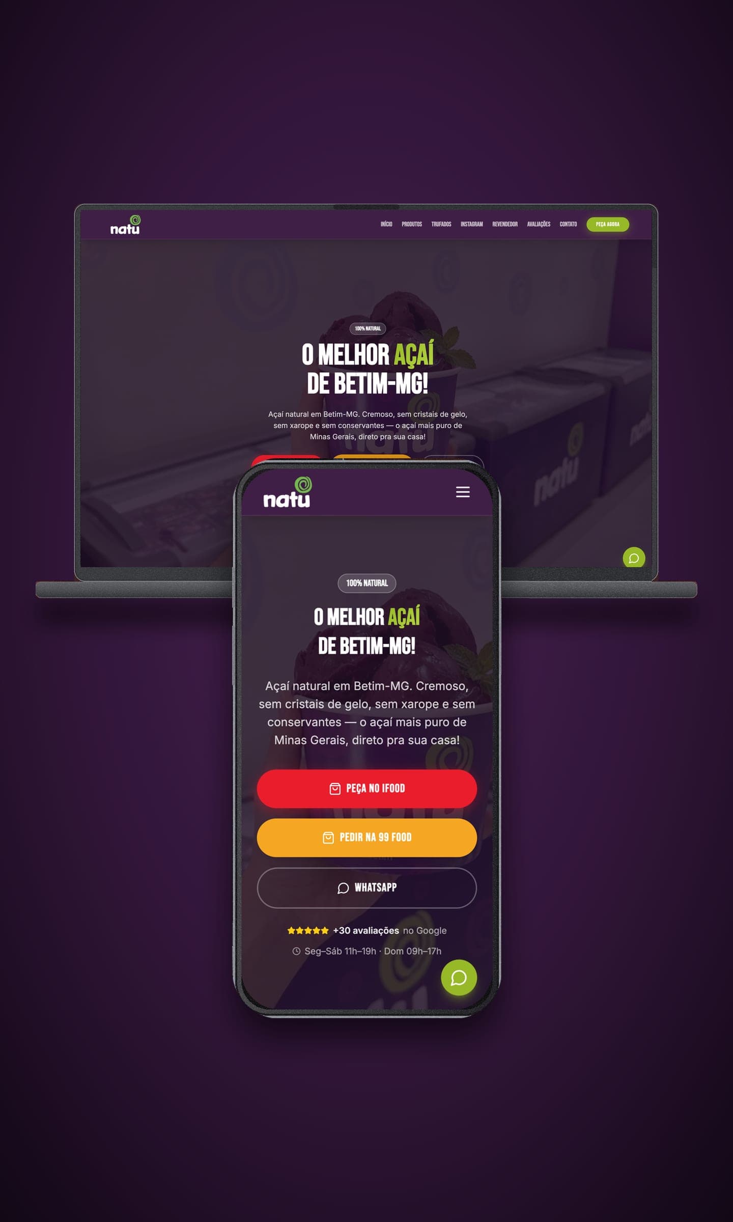 Natu açaí website shown on a laptop and a phone